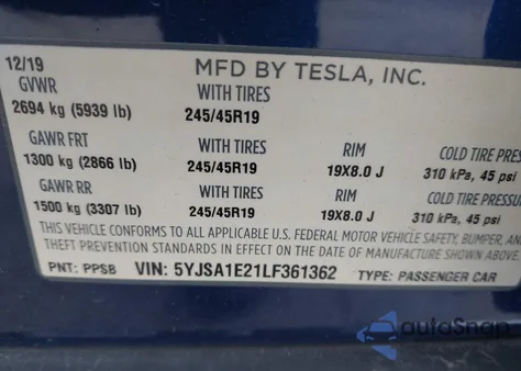 2020 Tesla Model S Long Range Dual Motor All-Wheel Drive/Long Range Plus Dual Motor All-Wheel Drive from USA, damaged, VIN 5YJSA1E21LF361362